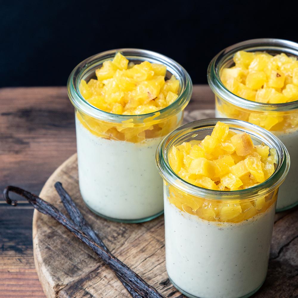 VANILLA PANNA COTTA TOPPED WITH PINEAPPLE COMPOTE