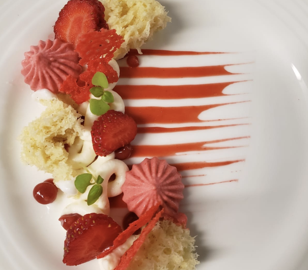 Strawberry Shortcake plated dessert, featured in Valrhona's 2020 CercleV calendar